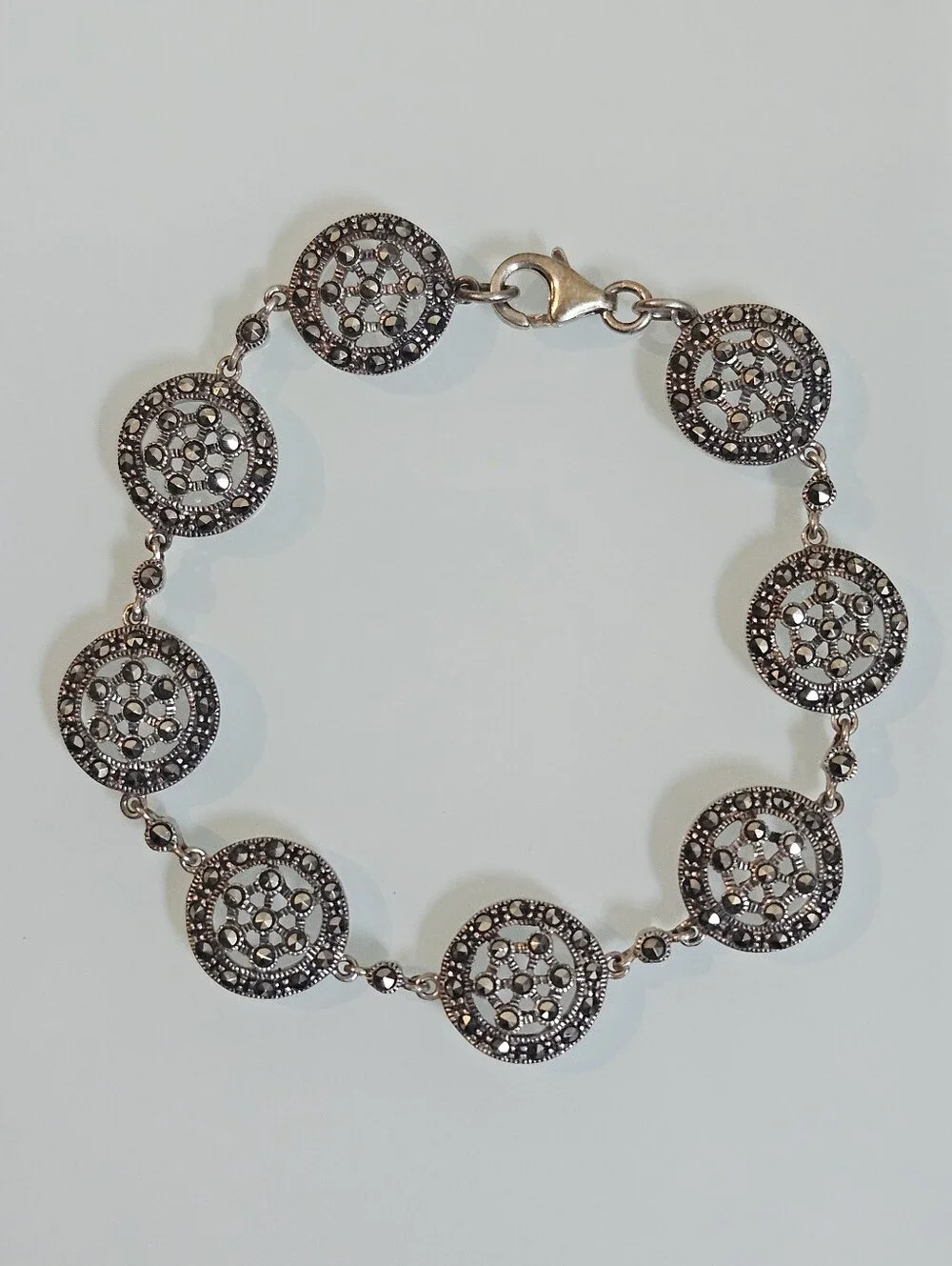 Sterling Silver Marcasite Round Open Work Vintage 925 Bracelet 7